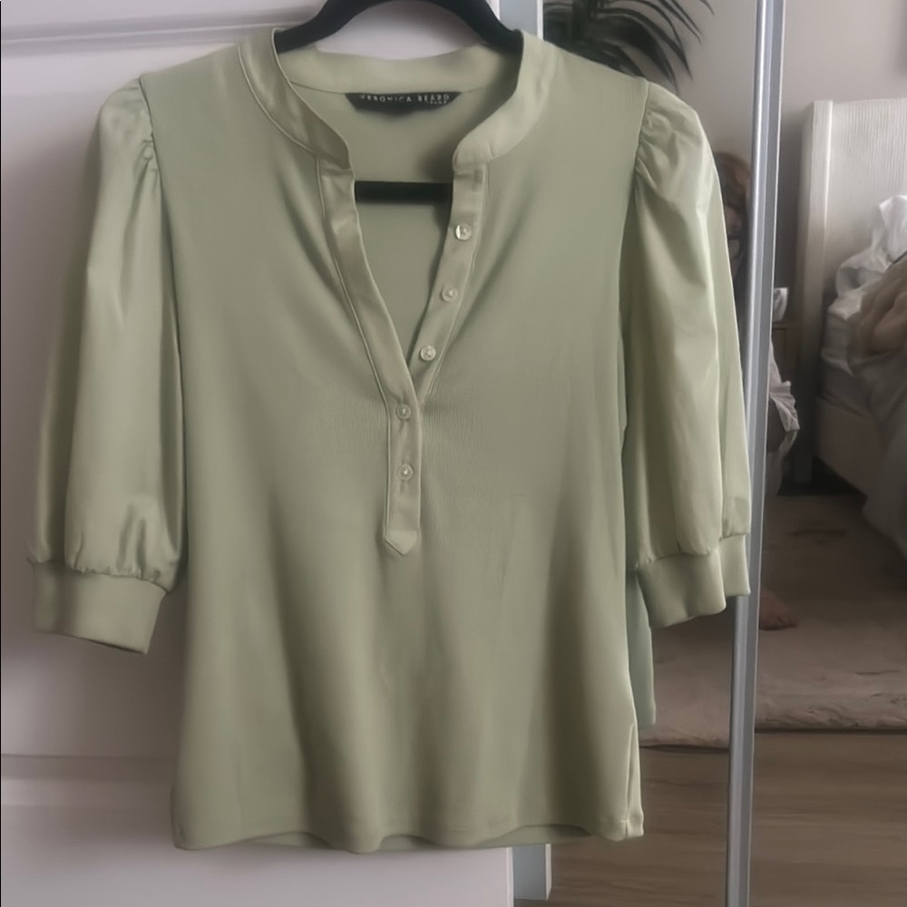 Veronica Beard Coralee Celadon Green Puff sleeve Knit Top Small